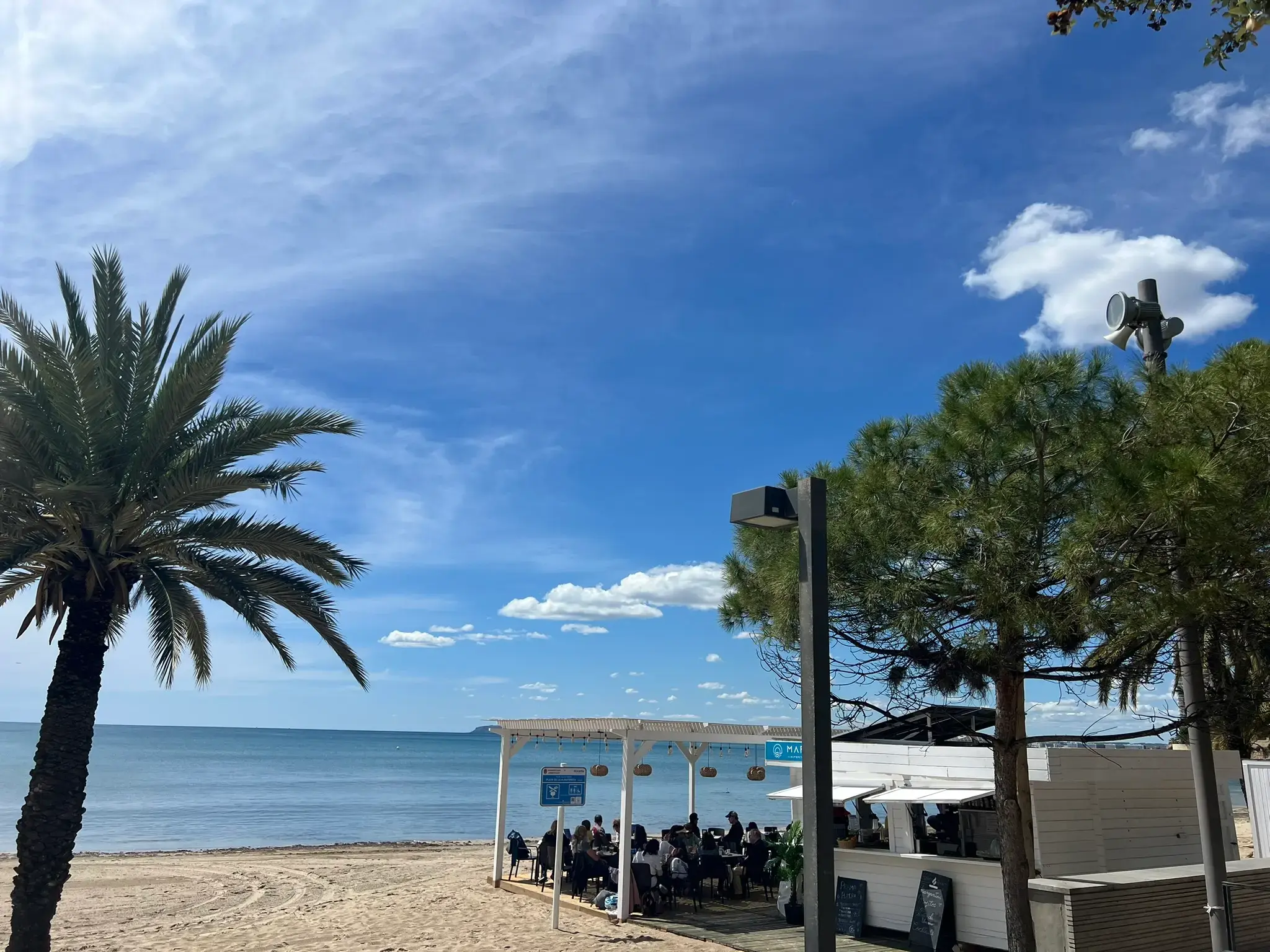 Relaxing beach bar (Chiringuito) on Albufereta Beach in Alicante — white wooden terrace with shaded seating, surrounded by Mediterranean pine trees and palms, overlooking the calm sea.