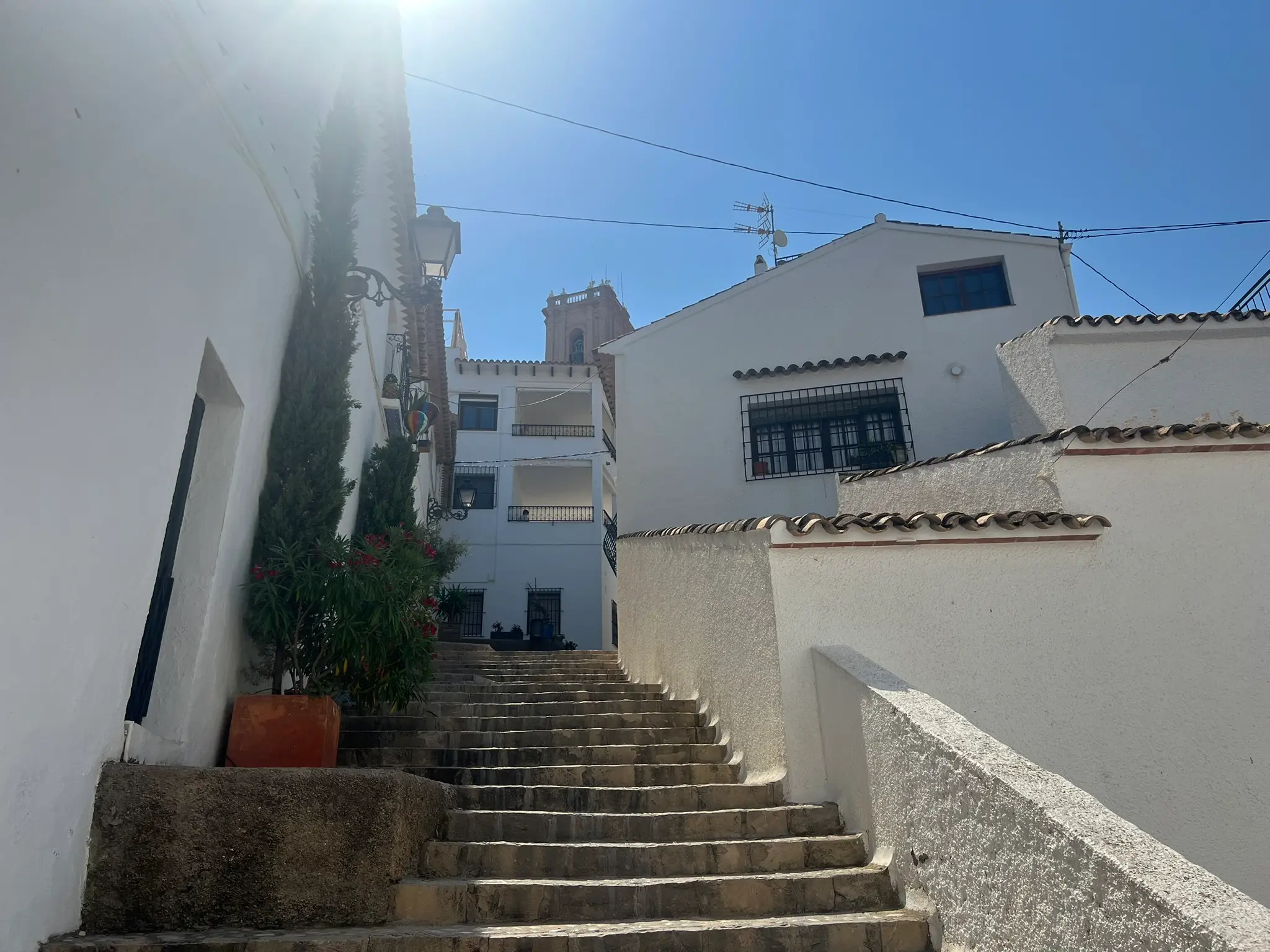 A high-angle view of a scenic cobblestone stepped street in Altea old town, with a person and a large white dog sitting on the stairs, surrounded by white houses with vintage street lamps, overlooking a majestic mountain under a clear blue sky.