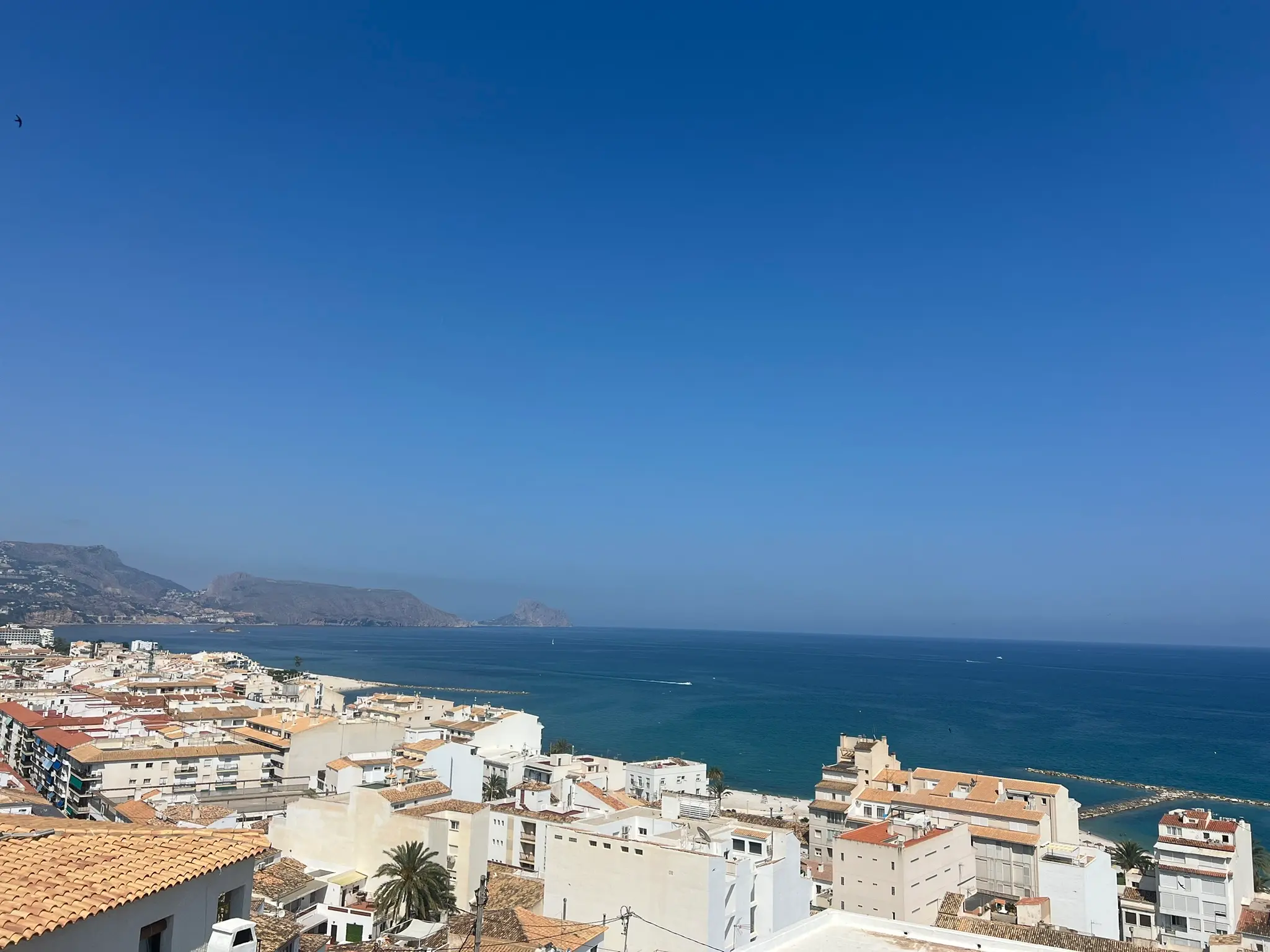 A wide panoramic coastal view from Altea old town, Spain, showcasing traditional white buildings with terracotta tiled roofs, a lone palm tree, the deep blue Mediterranean Sea with a boat wake, and the distant Peñón de Ifach rock under a massive clear blue sky with flying birds.