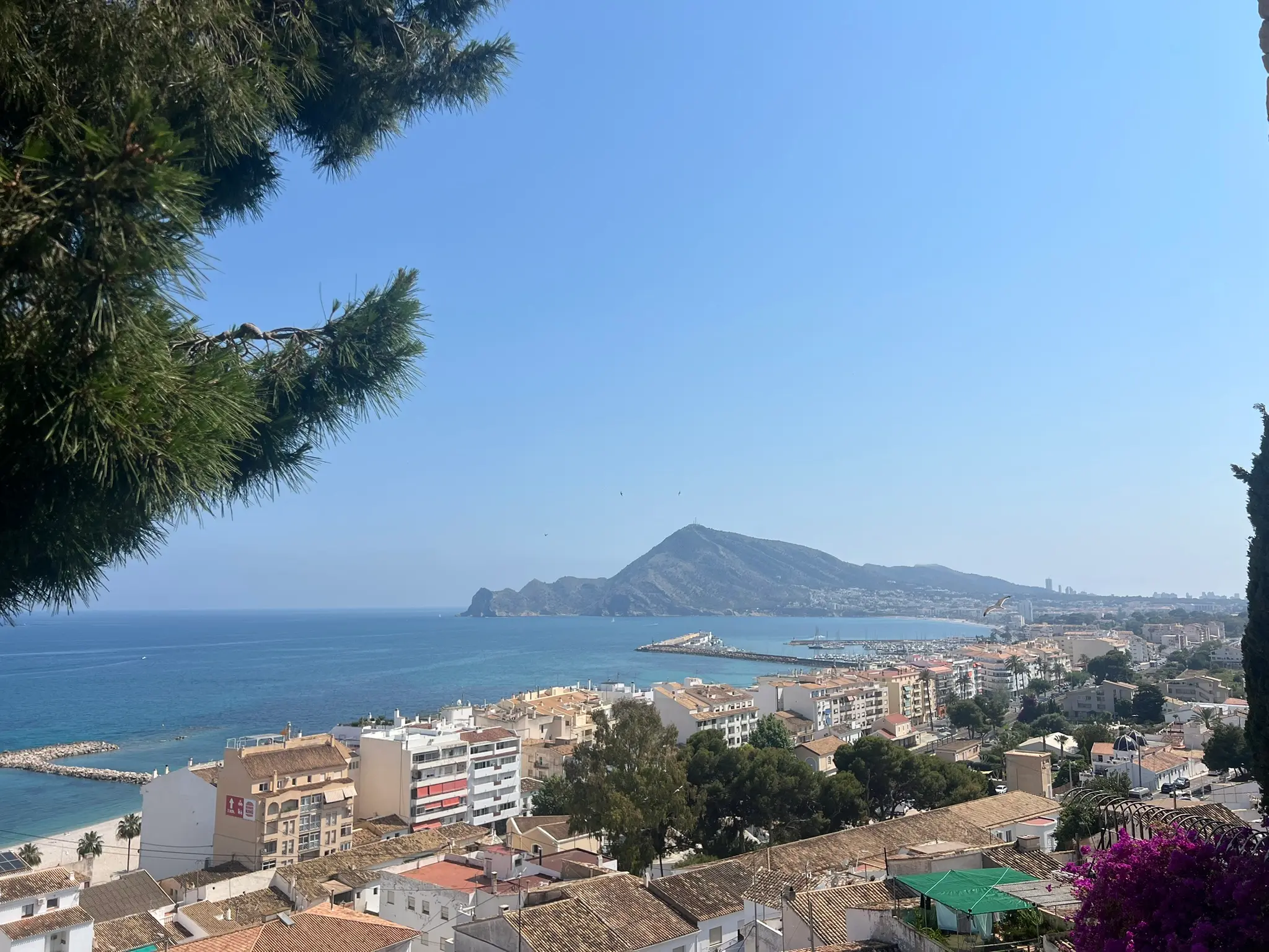 Altea old town viewpoint panoramic view of marina port and Sierra Helada mountains, Costa Blanca