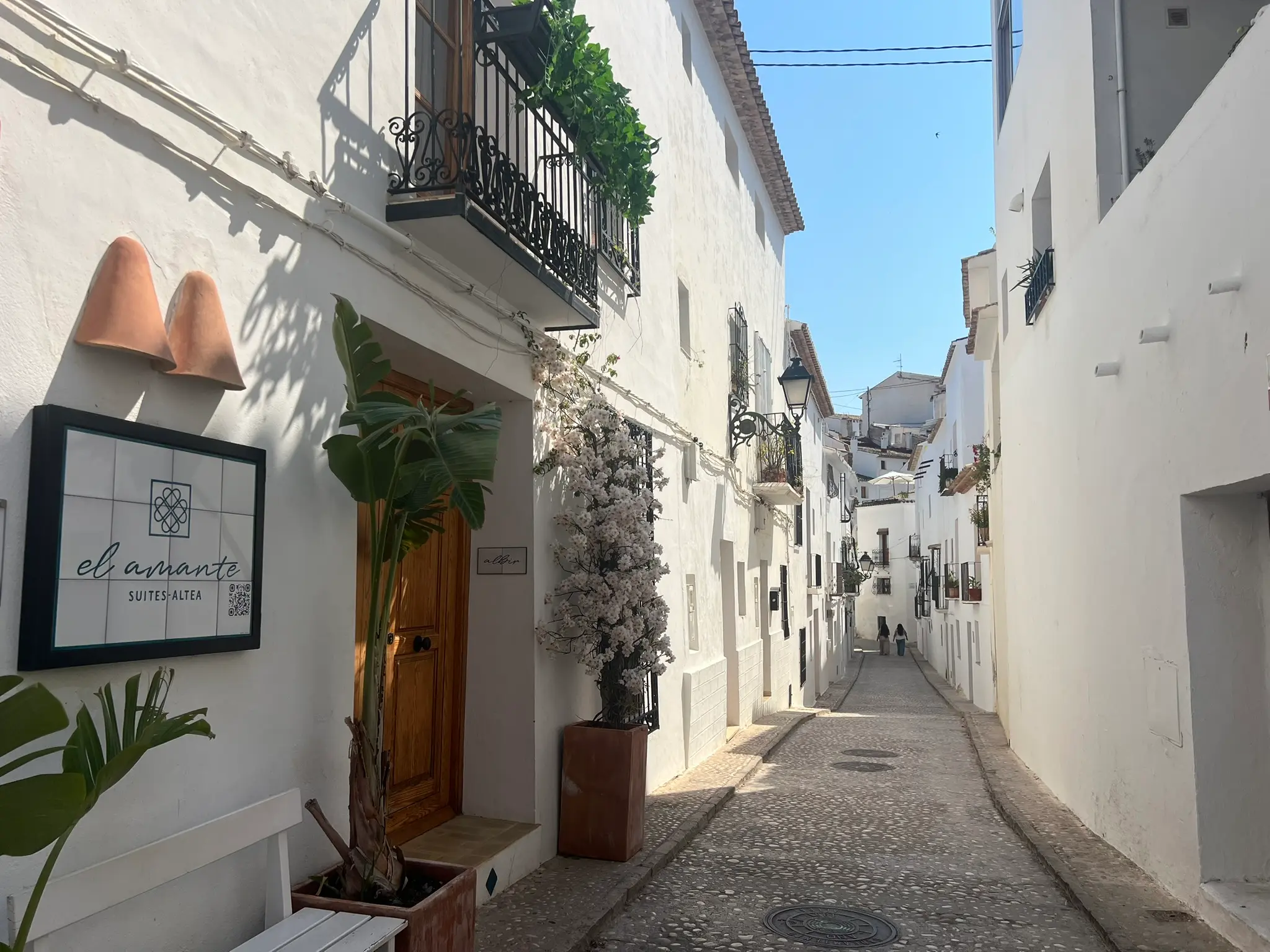 A charming narrow street in the old town of Altea, Spain, showcasing the whitewashed facade of El Amante Suites Altea with its sign. The cobblestone alley is decorated with a potted banana plant, a tall white flowering bush, and traditional wrought-iron balconies under a bright sky.