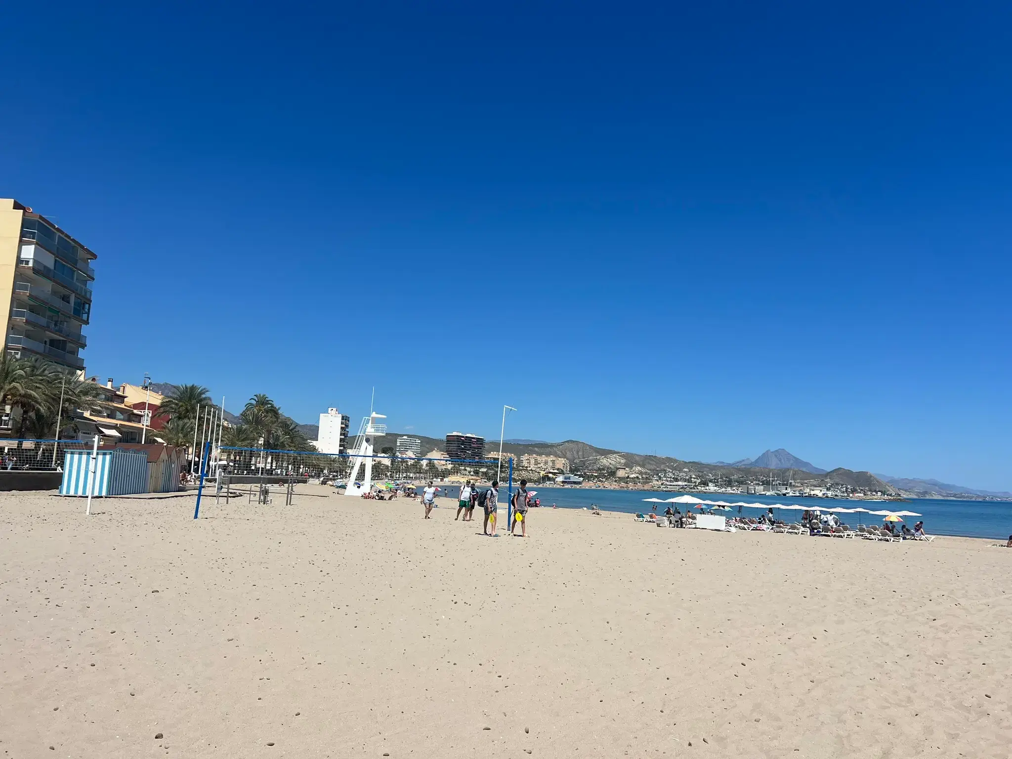Panoramic view of Playa Carrer la Mar in El Campello. The sandy beach is filled with sun loungers and umbrellas, with a white lifeguard tower on the left. In the background, the coastal town architecture is framed by the majestic mountains of the Alicante region under a clear blue sky.