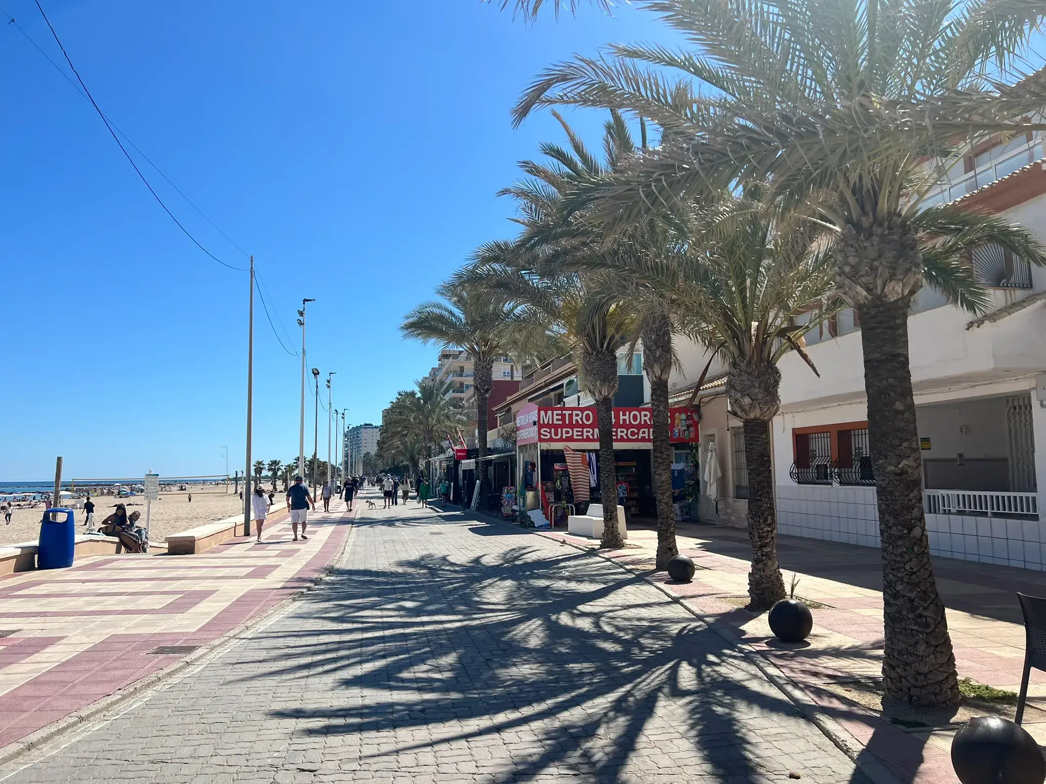 Sunny promenade in El Campello featuring a row of tall palm trees casting shadows on the tiled walkway. To the left are colorful beachfront buildings with outdoor cafe seating, and to the right is the sandy shore of Playa Carrer la Mar.