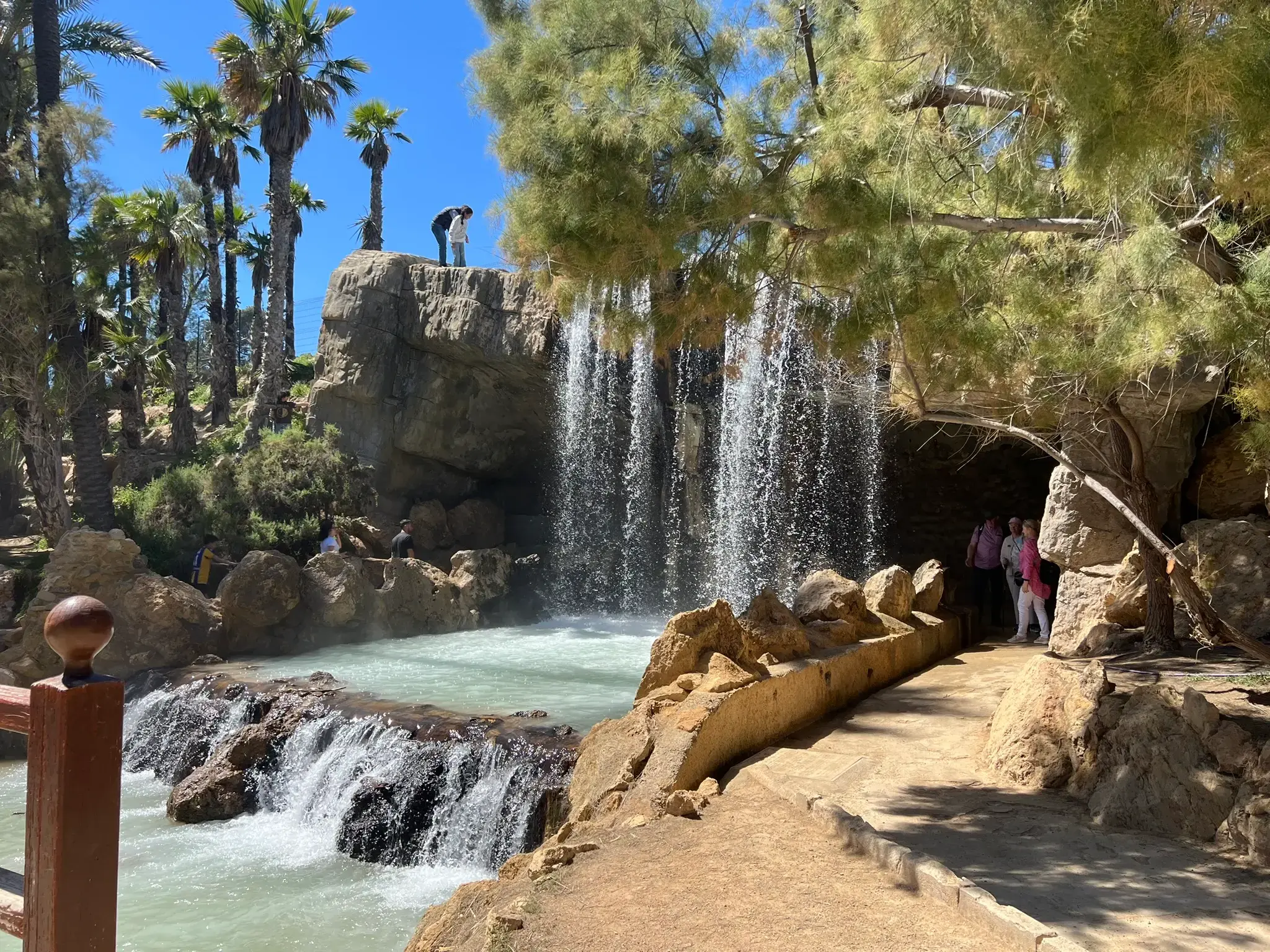 Rocky waterfall at El Palmeral Park Alicante — water flowing over natural stone surrounded by palm trees and tropical plants.