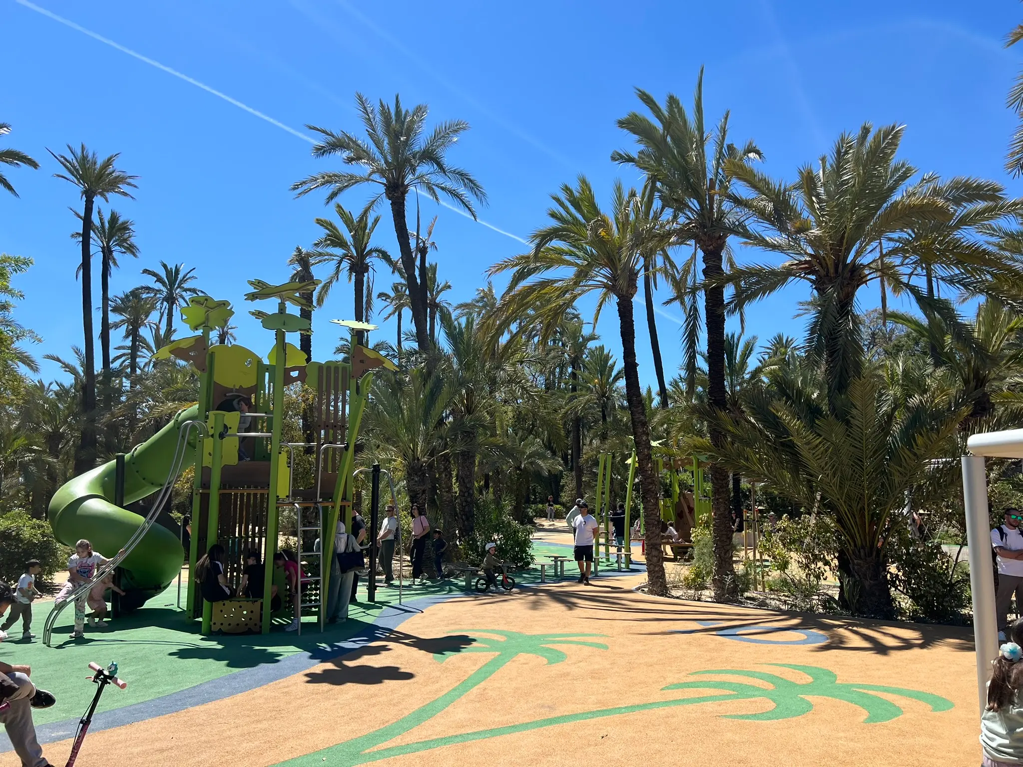 El Palmeral Park Alicante — wooden bridge over lake with tall date palms and the Mediterranean Sea in the background