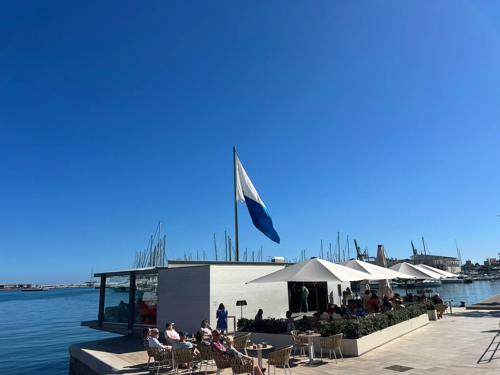 Café on the pier at Alicante Marina with harbour view