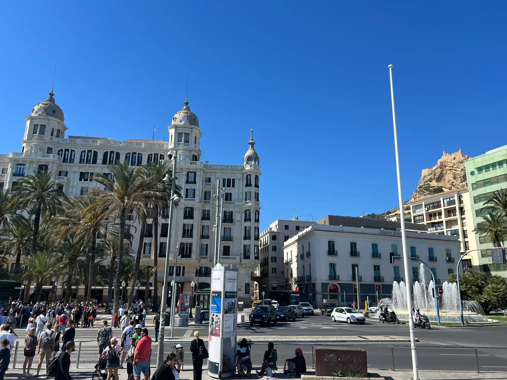 Plaza Puerta del Mar with Casa Carbonell building and Santa Bárbara Castle, Alicante
