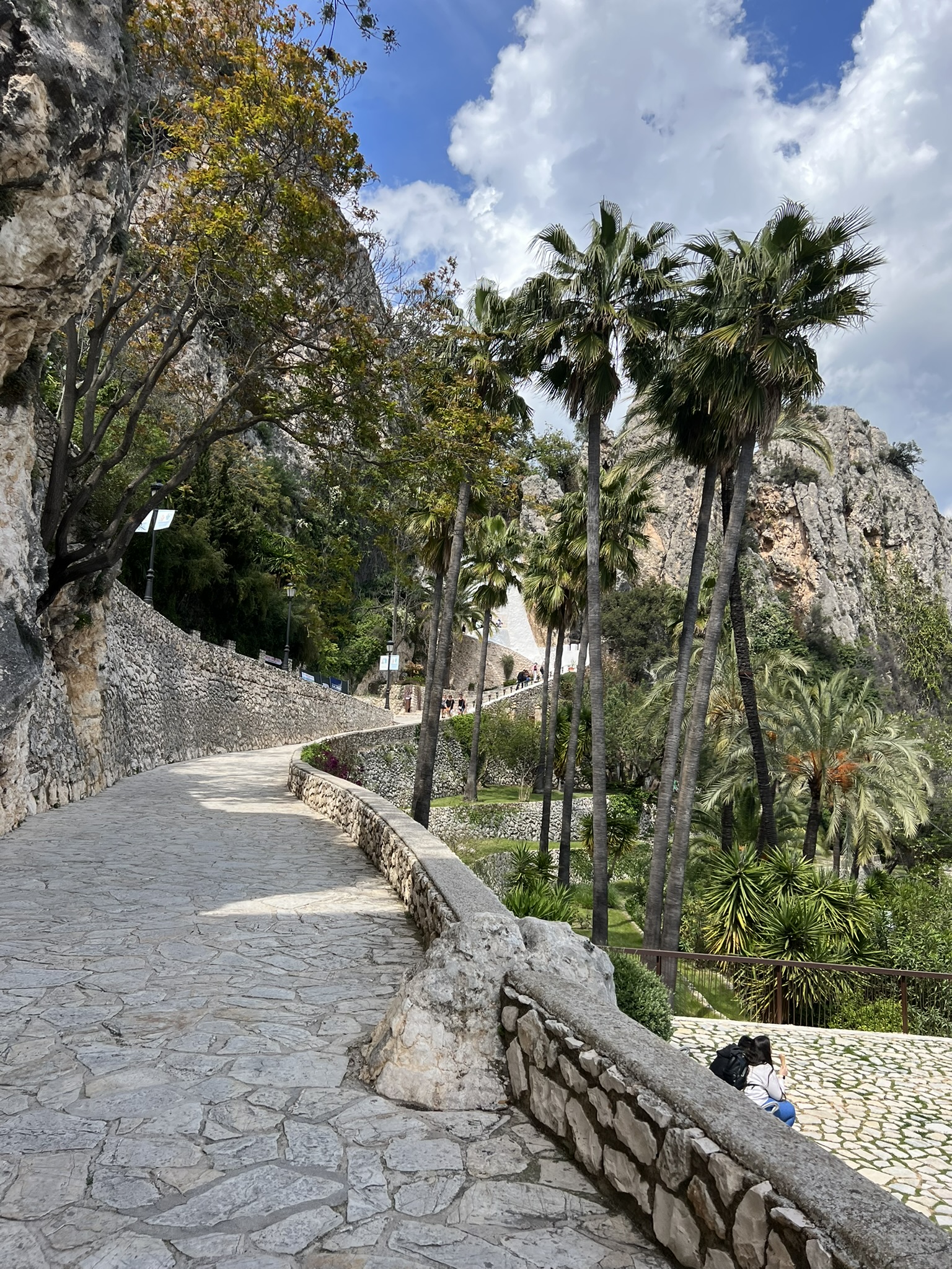 Ein gepflasterter Weg entlang der Burgmauer in Guadalest, gesäumt von hohen Palmen, mit Besuchern, die auf den Felsvorsprung zugehen