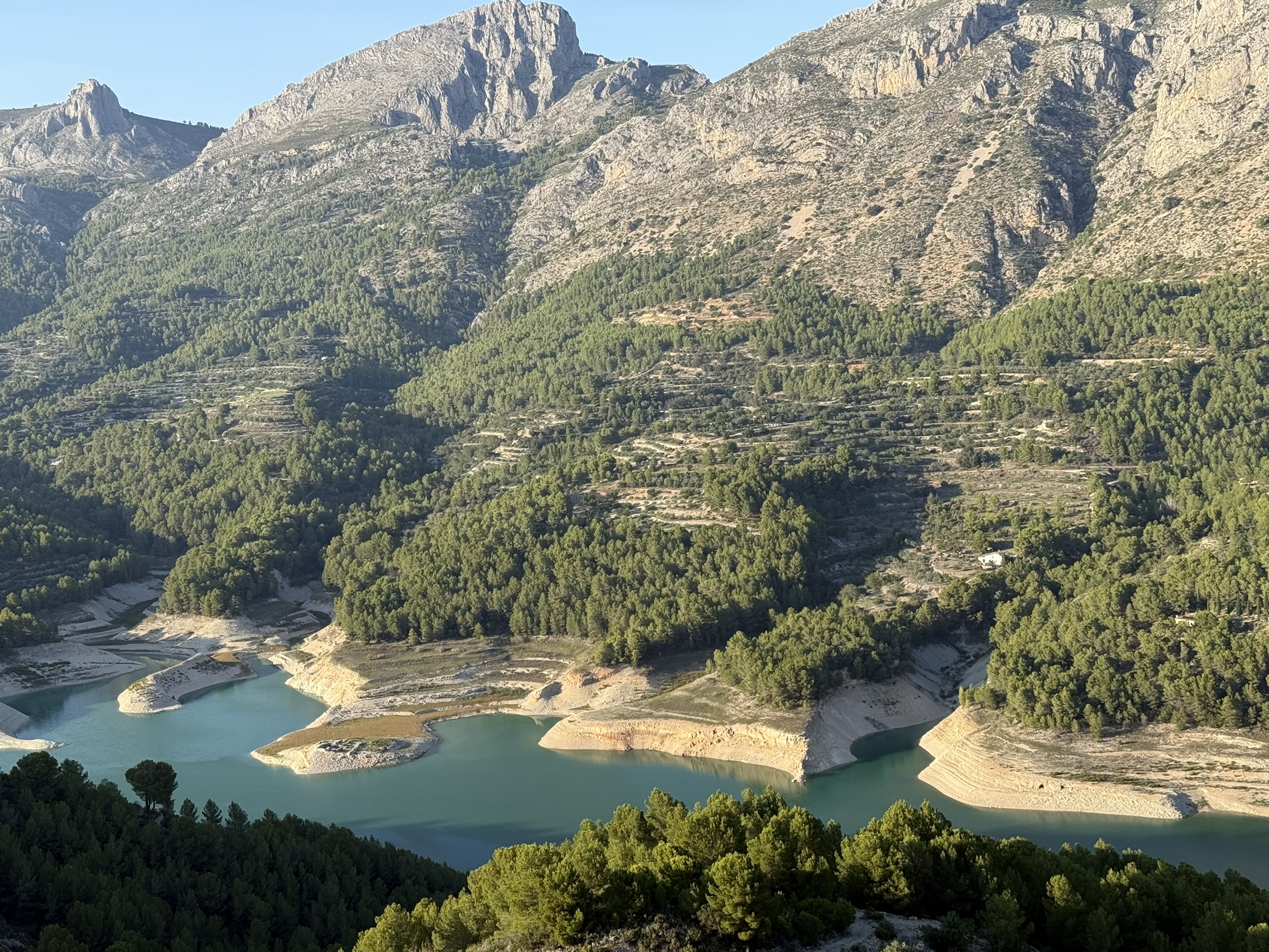 Der Stausee Embalse de Guadalest im späten Nachmittagslicht, umrahmt von kiefernbewaldeten Bergen und dem Tal