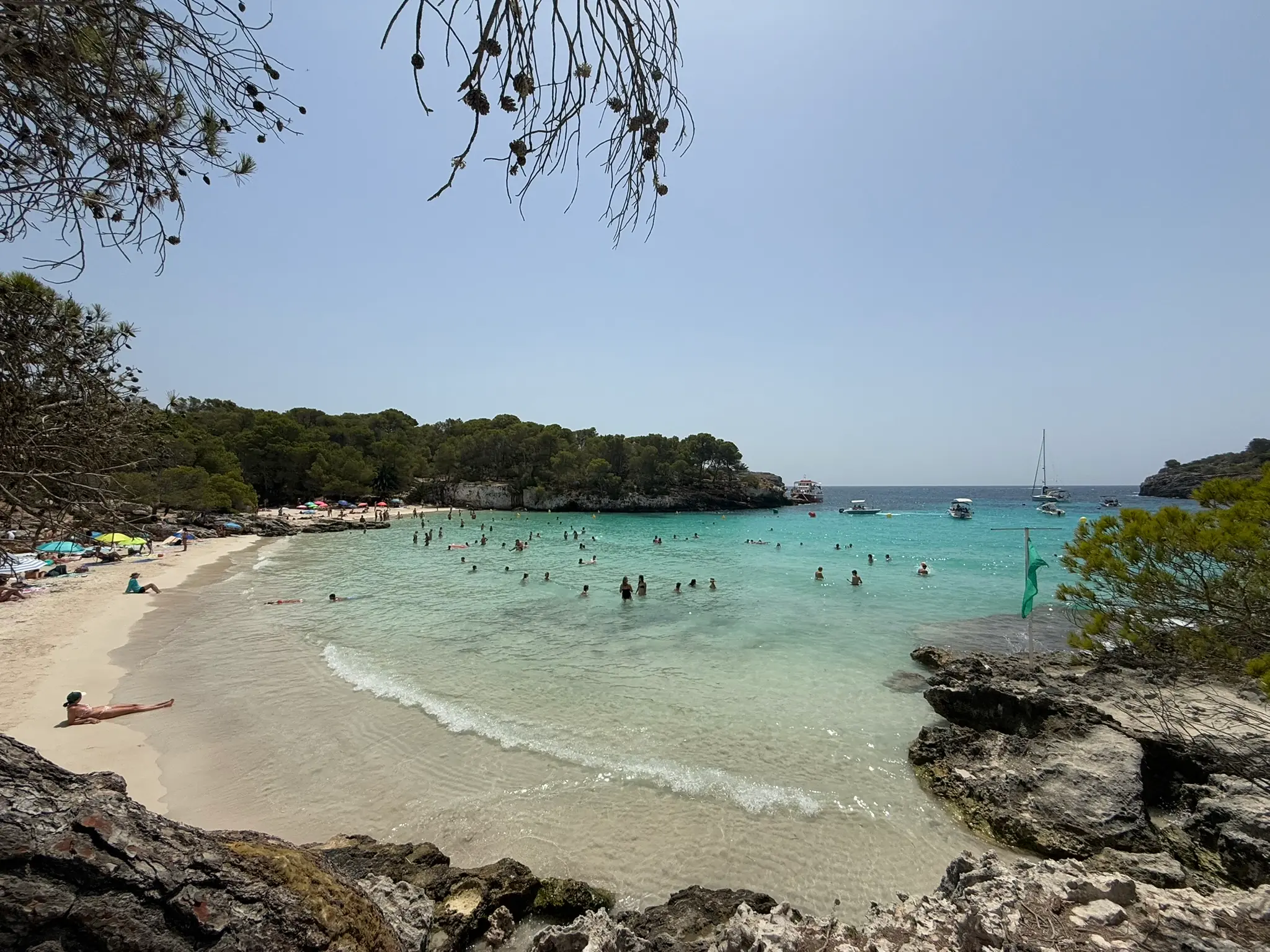 Een turquoise baai aan Menorca's zuidkust, met zwemmers in het water onder pijnboombegroeide kliffen.