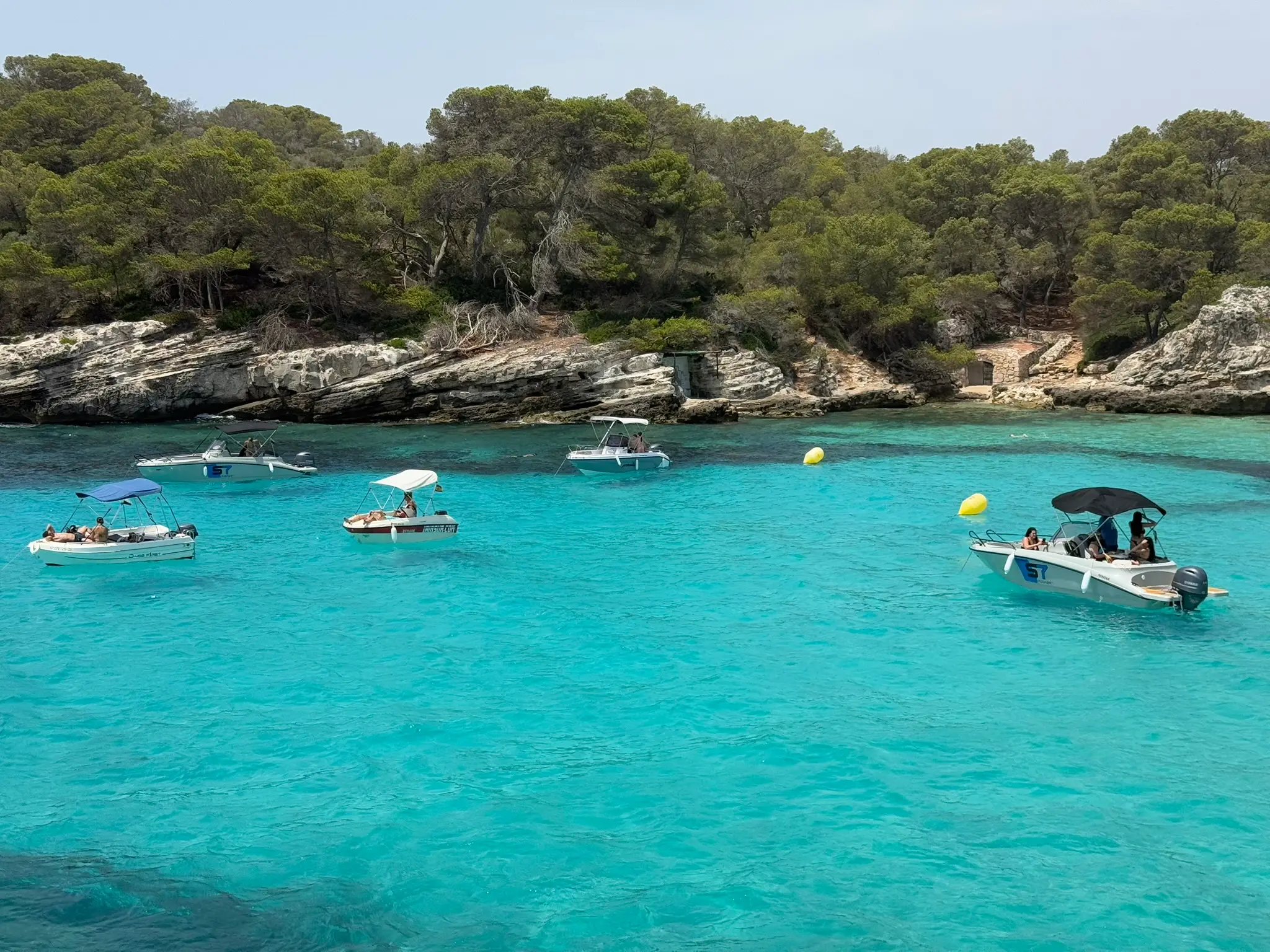 Een door pijnboomtakken omlijste baai op Menorca, kleine bootjes op turquoise water met gekleurde boeien