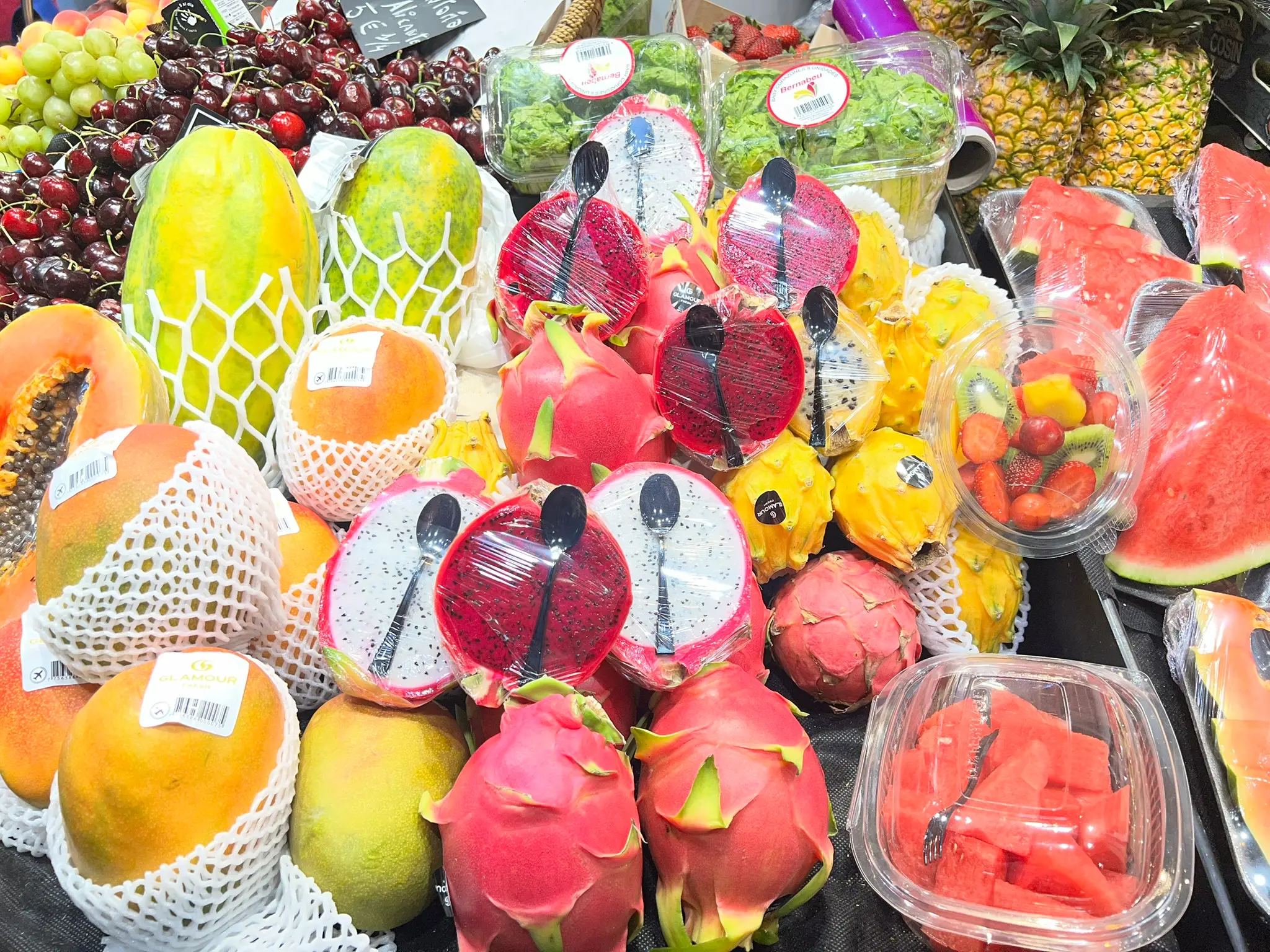 Dragon fruit, mangoes, papayas, watermelons, cherries