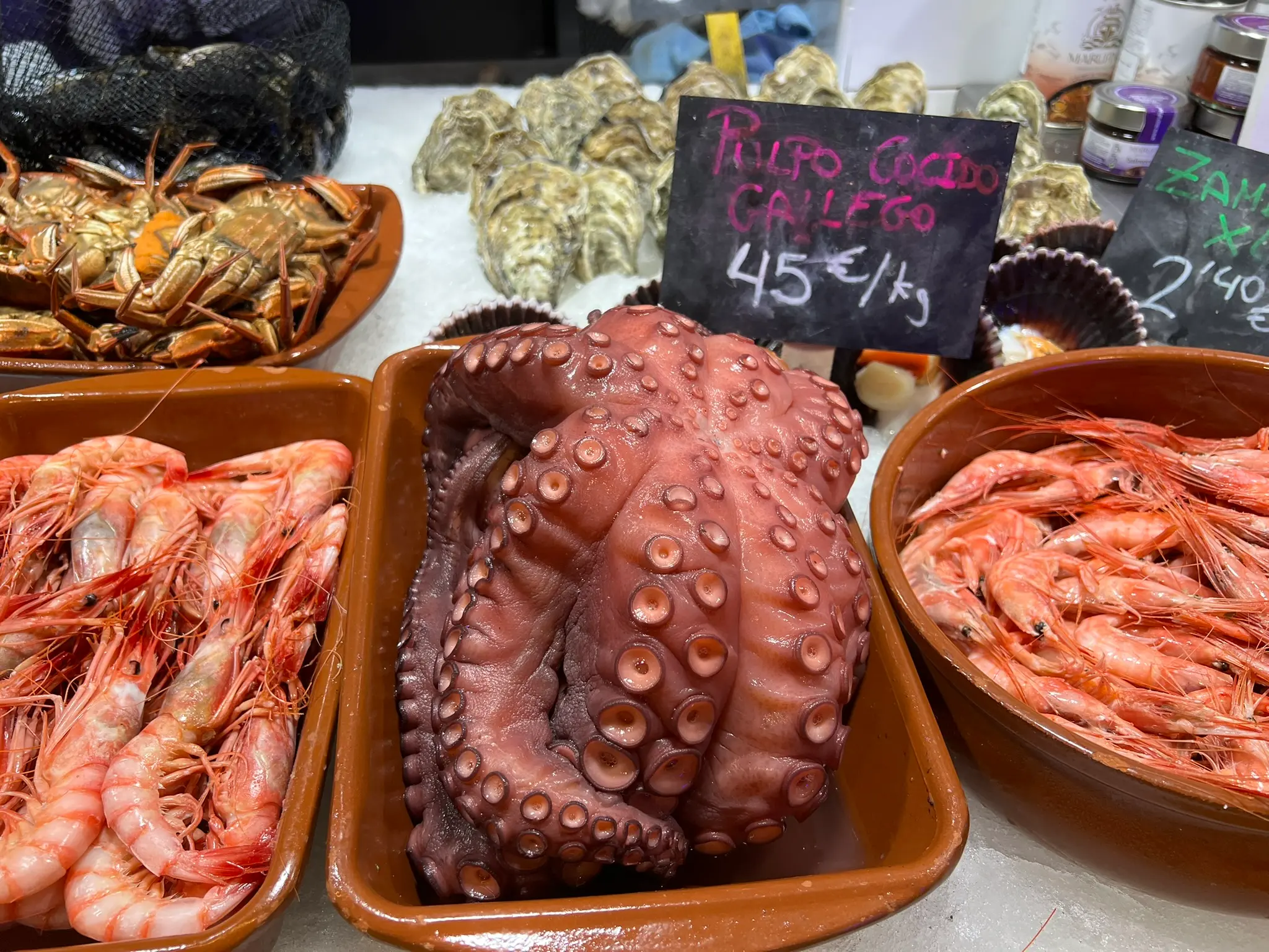 Galician octopus, Mediterranean shrimps, and oysters on ice