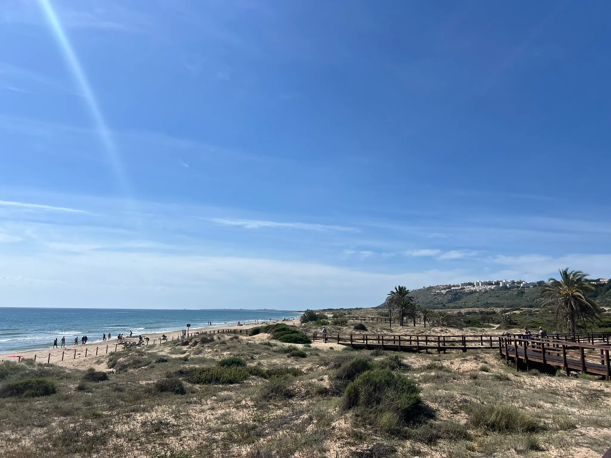 A scenic wooden boardwalk stretching through the protected sand dune landscape of Platja del Carabassí beach in Alicante, Spain, flanked by native coastal vegetation.