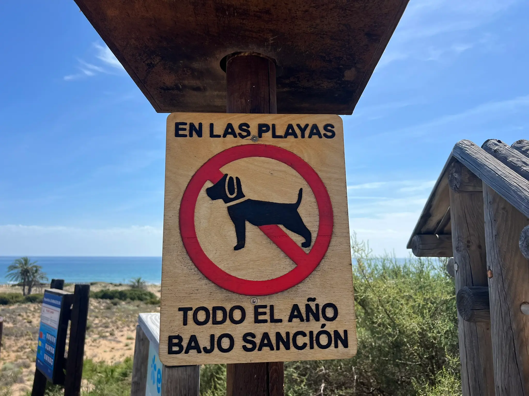 Informative warning sign displaying a no-dogs-allowed symbol at the entrance to the Platja del Carabassí beach.