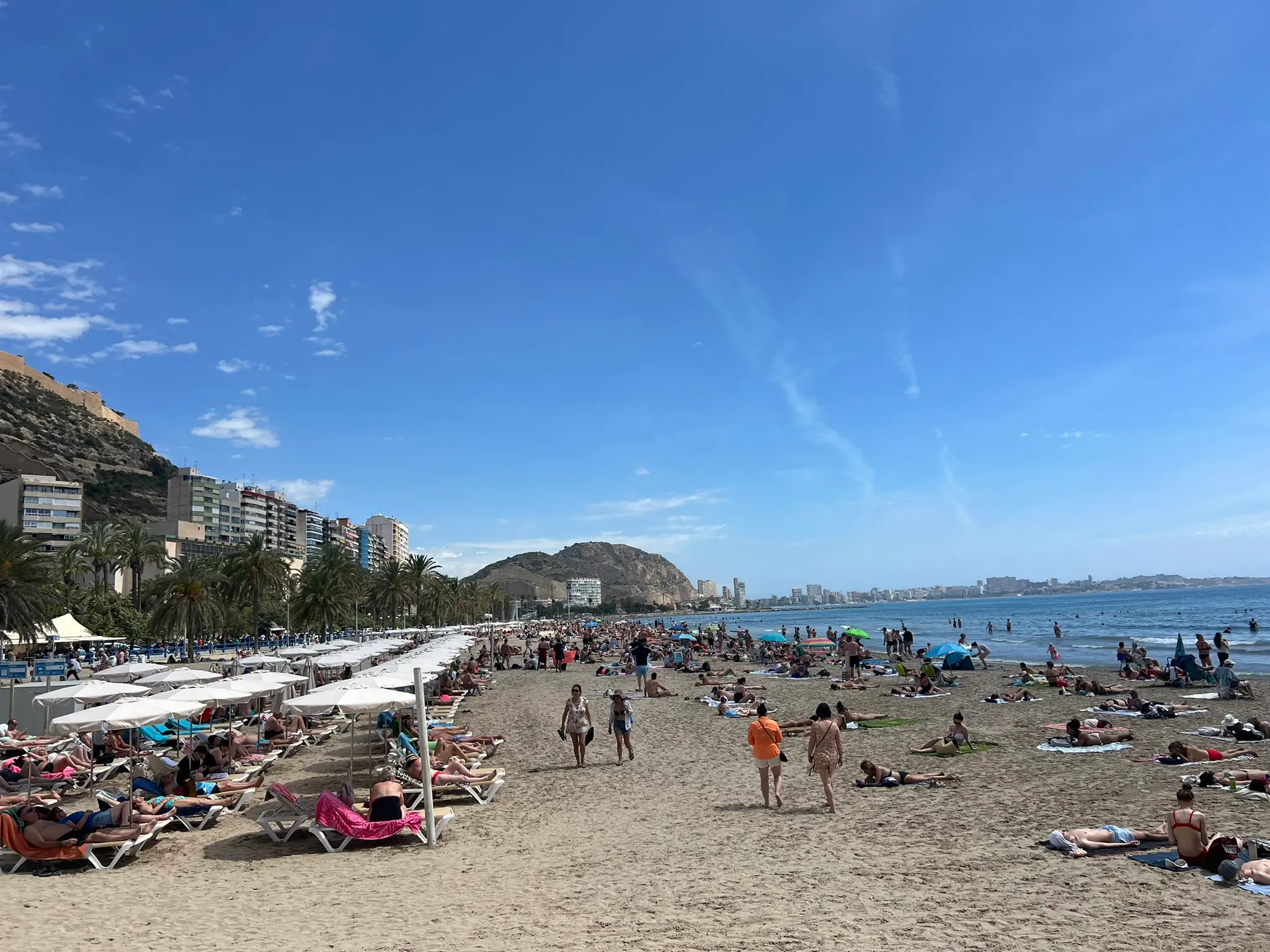Playa del Postiguet Alicante — packed summer beach with sunbed rentals, umbrellas and hundreds of sunbathers, Alicante city skyline and Santa Barbara Castle in background