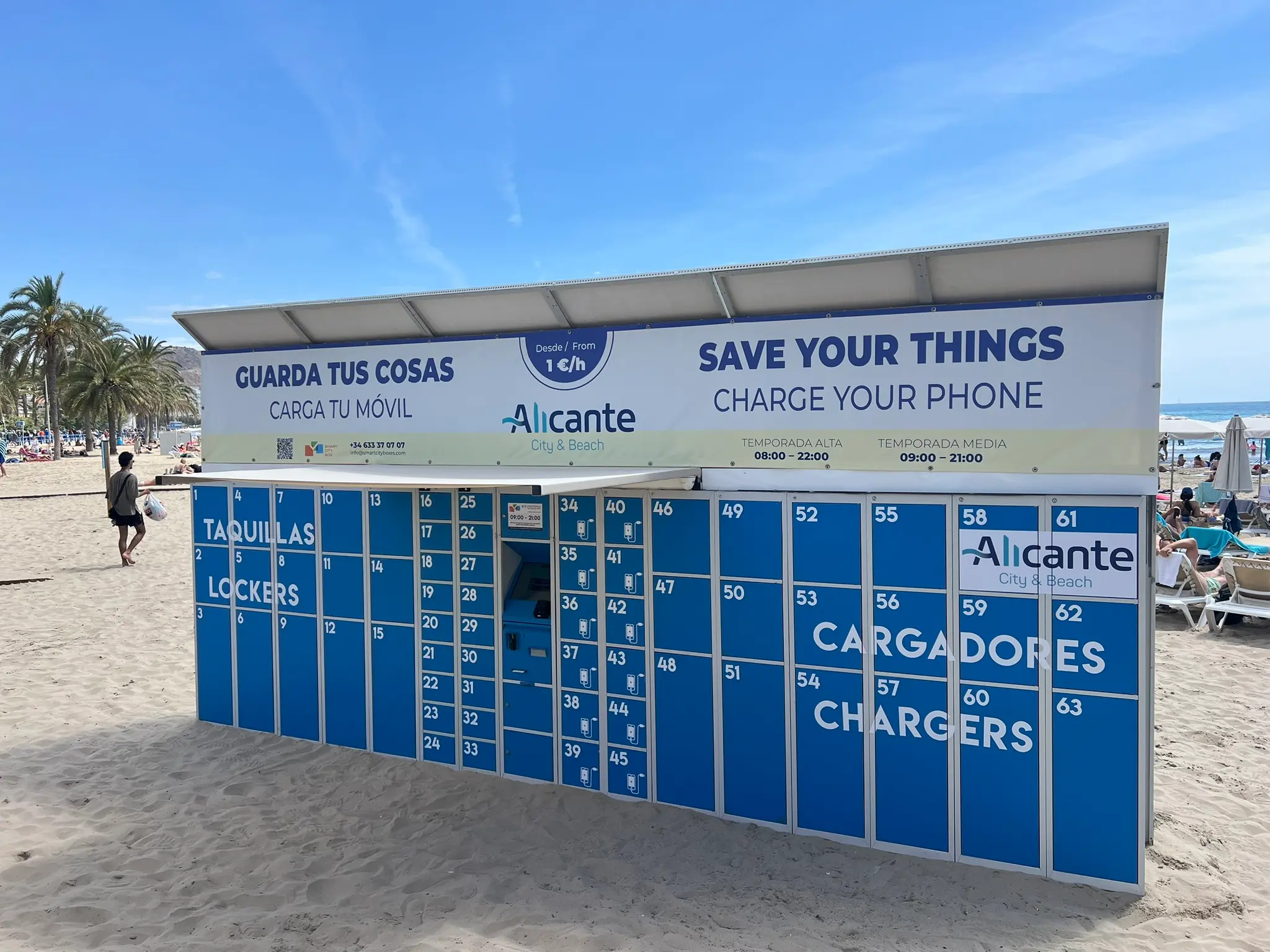 Playa del Postiguet Alicante — beach lockers and phone charging service on the sand, from 1 euro per hour, Alicante City and Beach facility