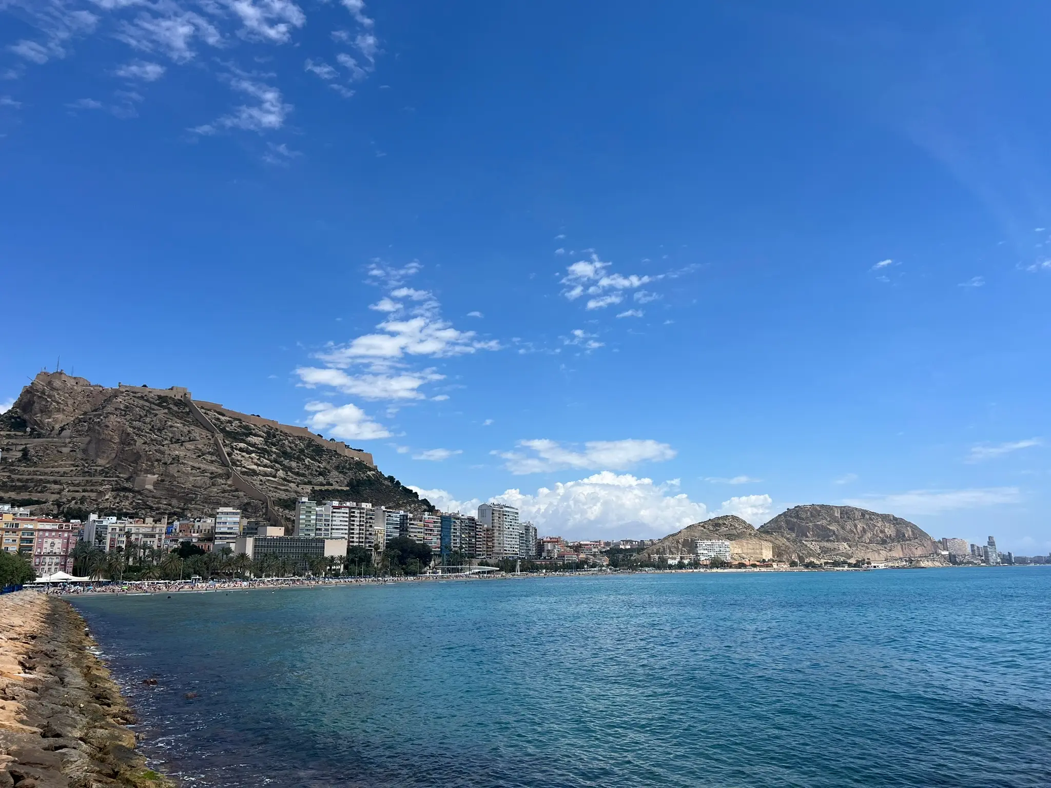 Playa del Postiguet city beach in Alicante with Santa Bárbara Castle in the background