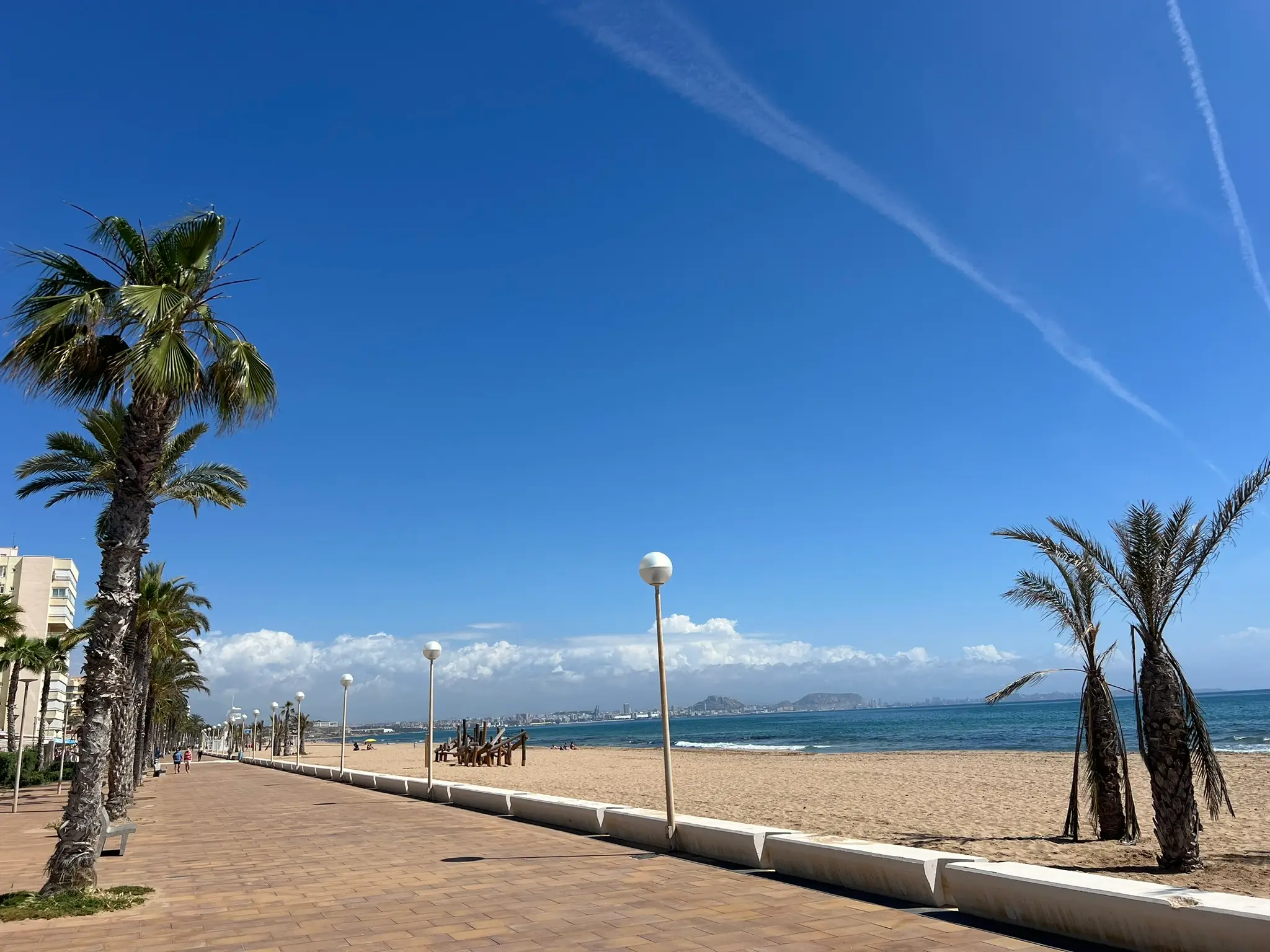 Playa del Saladar Urbanova Alicante — wide empty seafront promenade with palm trees and Santa Barbara Castle views