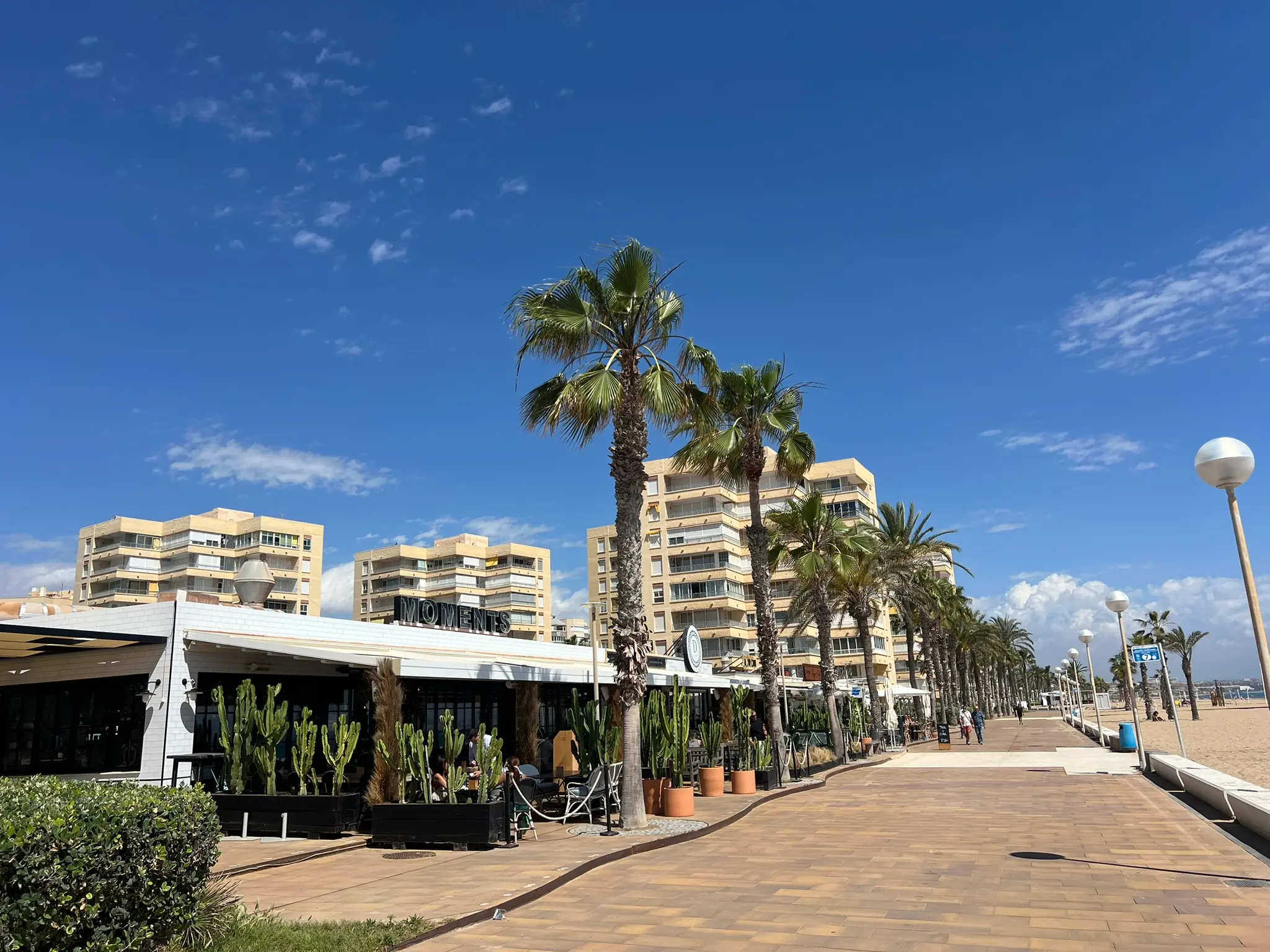 Playa del Saladar Urbanova Alicante — beachfront restaurants and cafes along the palm-lined promenade, Moments restaurant