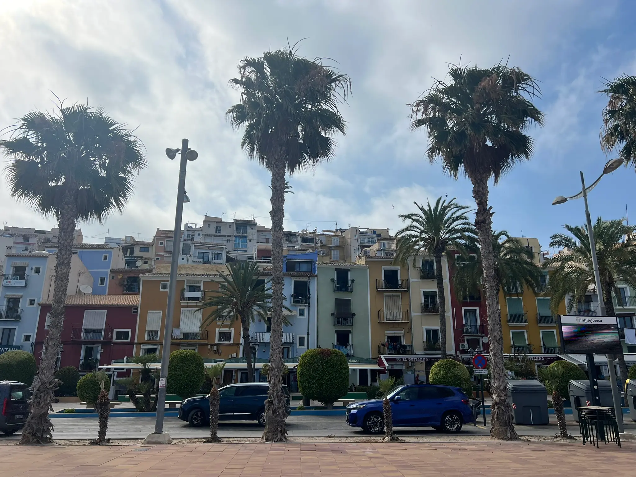 Villajoyosa waterfront colorful buildings and palm trees Alicante