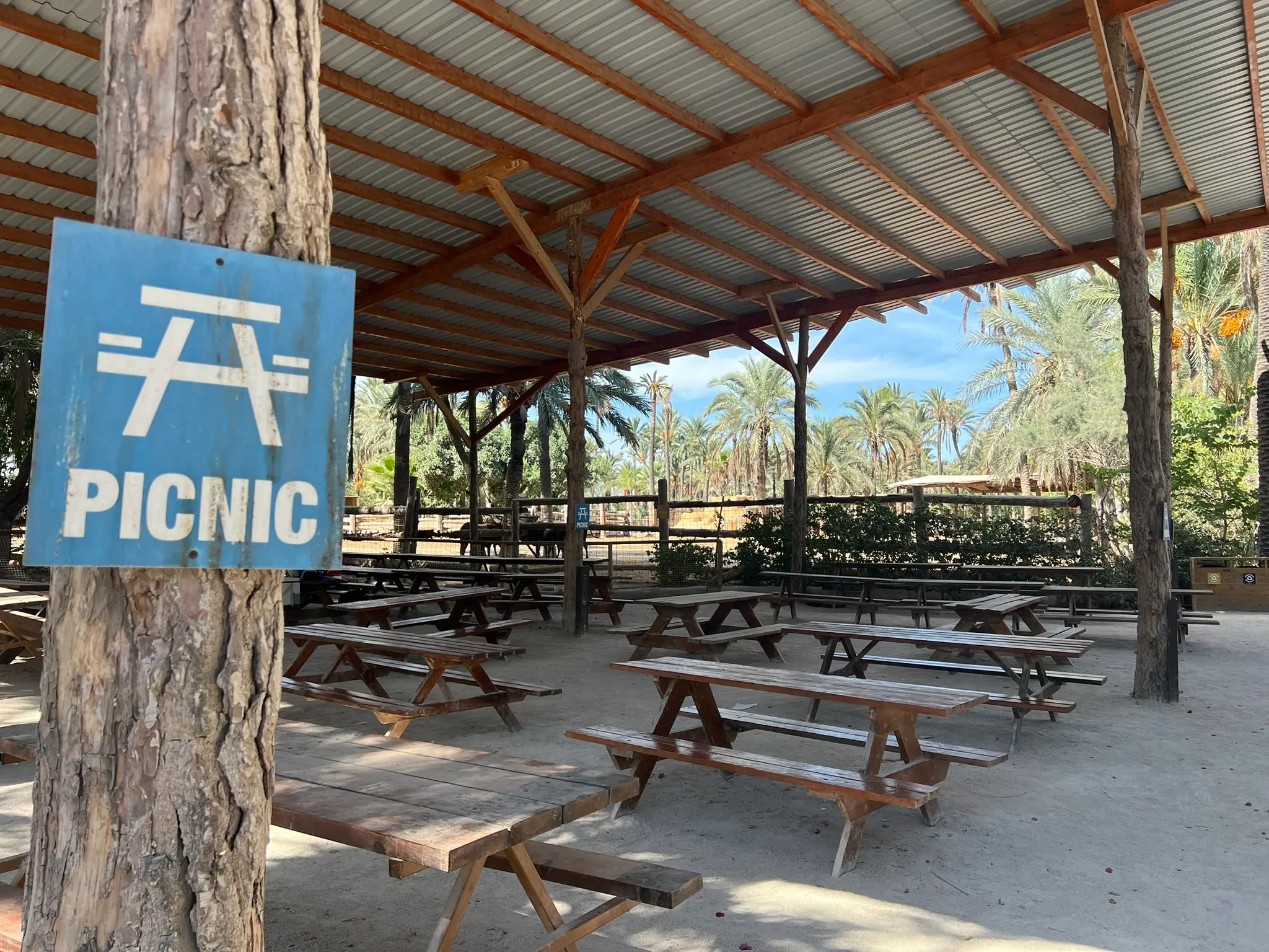 Überdachter Picknickbereich mit Holztischen im Rio Safari Elche