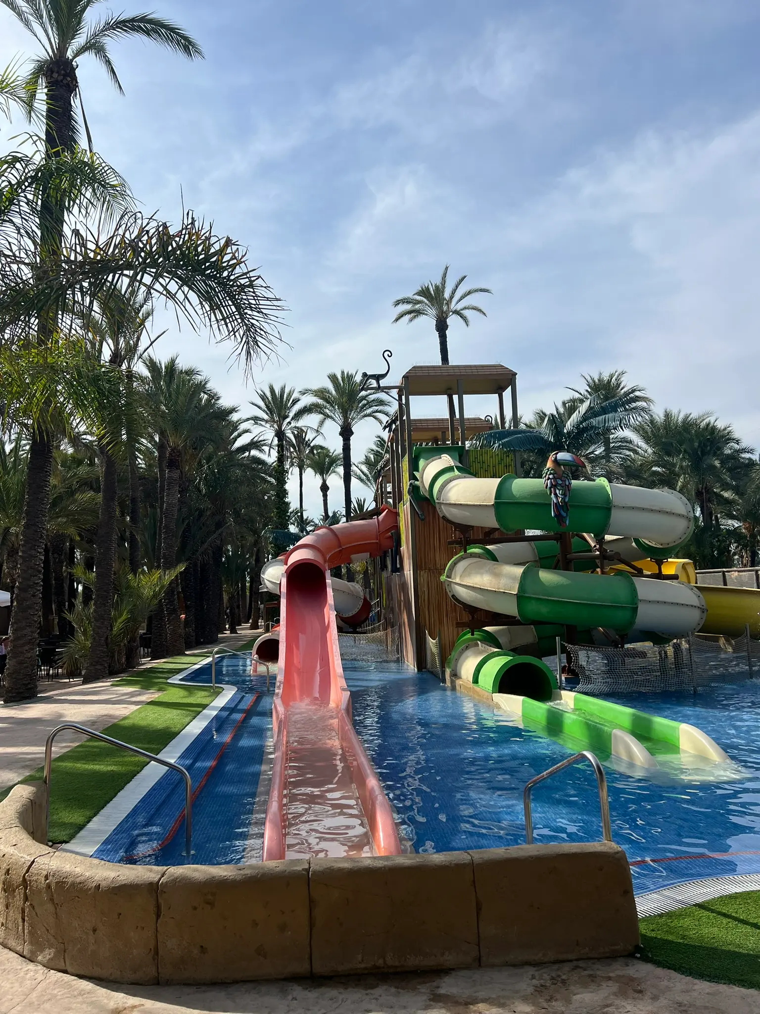 Rote und grüne Wasserrutschen zwischen Palmen im Splash Park des Rio Safari Elche