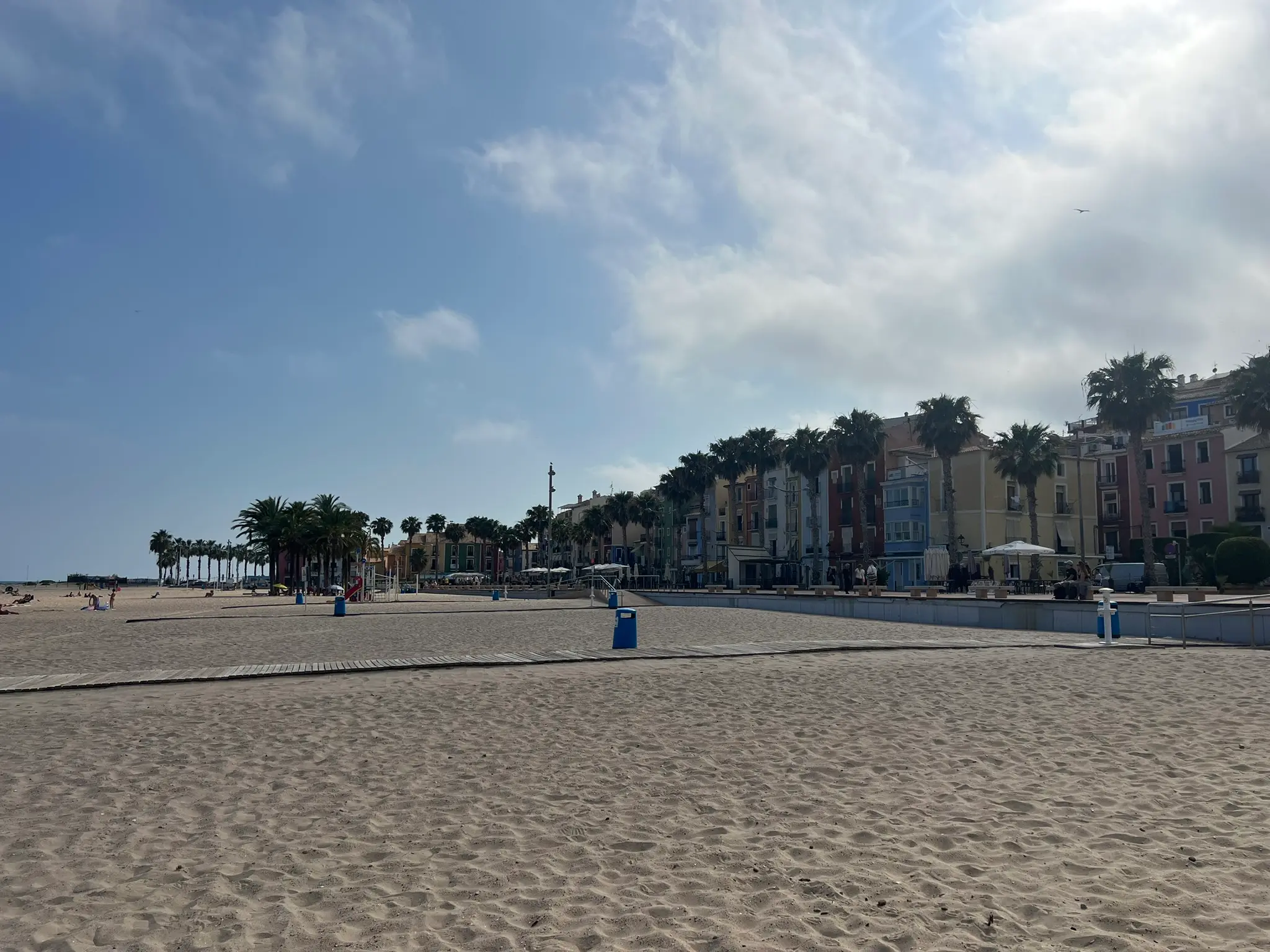 Panoramic view of wide sandy central beach in Villajoyosa — colourful historic houses rising on hillside, rows of palm trees along promenade, vibrant red, blue, and yellow Mediterranean buildings
