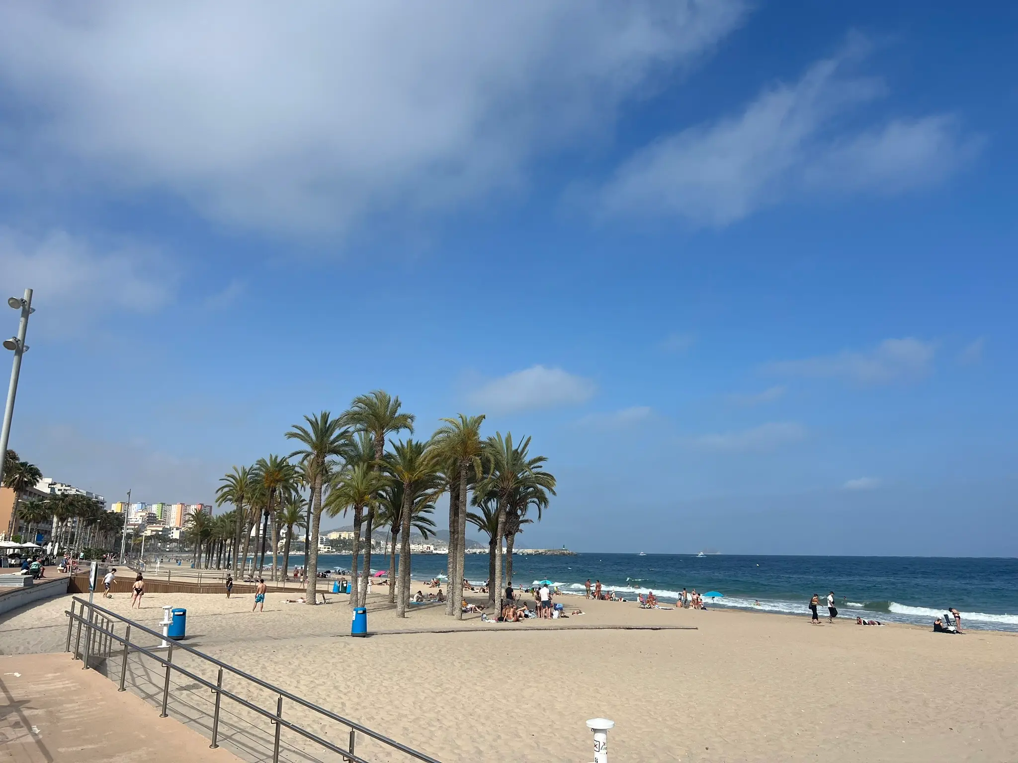 Sunny daylight view of Playa Centro in Villajoyosa — sandy shoreline with tall green palm trees, accessible pedestrian ramp with steel railings, blue recycling bins, people near sea